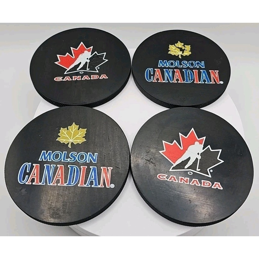 Vintage Set Of 4 Molson Canadian Team Canada Hockey Puck Drink Coasters